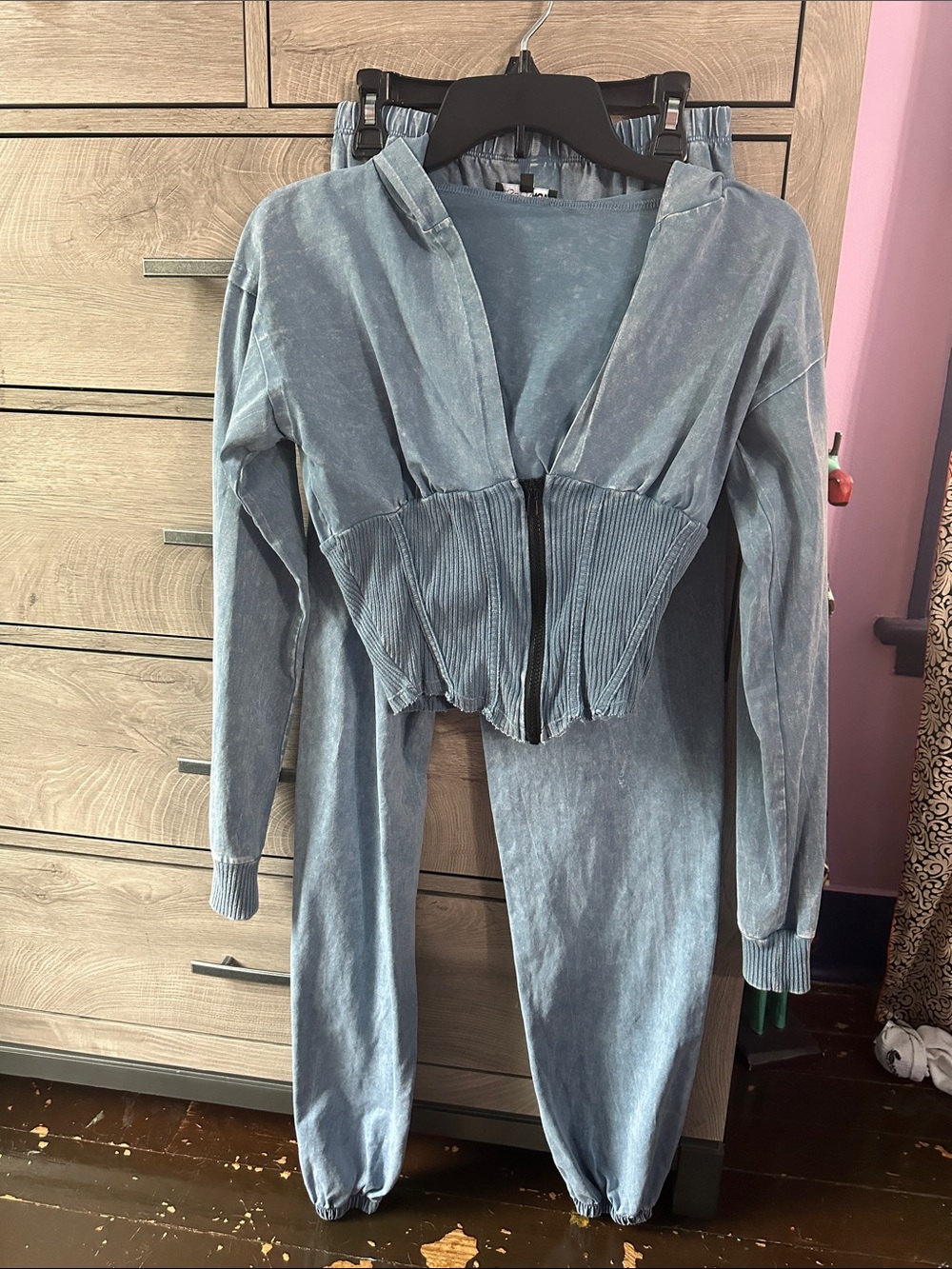 Fashion Nova Washed Blue Hooded Jumpsuit